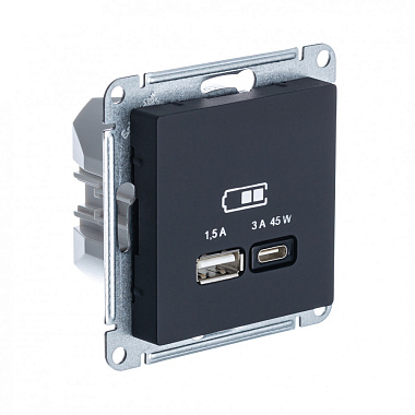 Розетка 1 СП USB A+тип-С 45W высокоскор.заряд QC,PD механизм SE AtlasDesign карбон