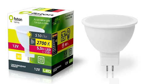 Лампа светодиодная GU5.3 5,5Вт 2700К 12В MR16 56xd50 510Лм Foton Lighting