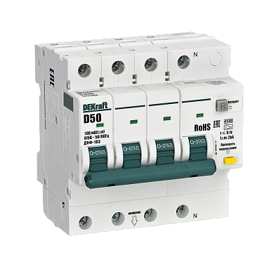 Диф. автомат 3P+N 50А 100мА тип AC х-ка D 4,5кА ДИФ-103 DEKraft