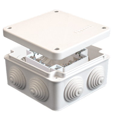 Коробка расп. ОП 105х105х56мм IP54 7 вводов (4 гермоввода; колодка 16А) крышка на винтах белый E.p.plast