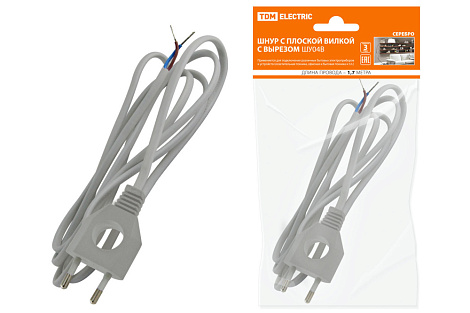 Шнур с вилкой с вырезом L-1,7м сереб. металлик ШВВП 2х0,75мм TDM