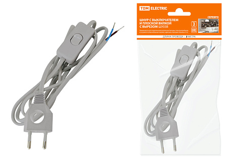 Шнур с вилкой с вырезом и проходным выкл. L-2,2м сереб. металлик ШВВП 2х0,75мм TDM