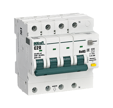Диф. автомат 3P+N 20А  30мА тип AC х-ка C 4,5кА ДИФ-103 DEKraft