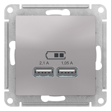 Розетка 1 СП USB А+А 2,1А (2х1,05А) 5В механизм SE AtlasDesign алюминий