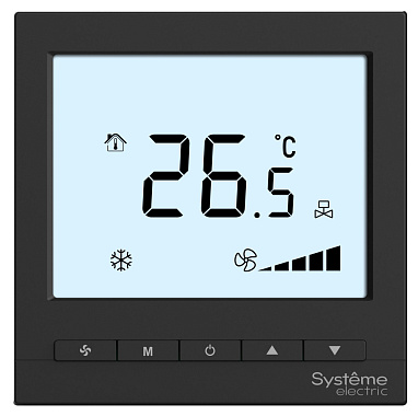 Термостат комнатный цифровой, О/Н/В/А для 4тр 3ск FCU и 2-поз.клап, 1UI 5DO Modbus ~230В чер BS