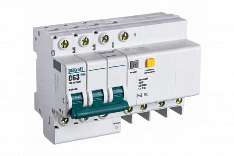 Диф. автомат 3P+N 63А 100мА тип АC х-ка C 4,5кА ДИФ-101 DEKraft