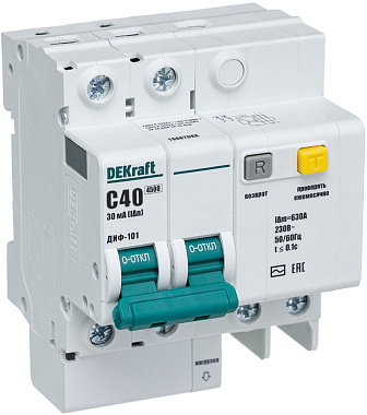 Диф. автомат 2P 40А  30мА тип АC х-ка C 4,5кА ДИФ-101 DEKraft