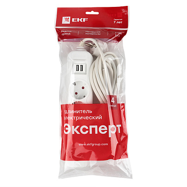 Удлинитель 4* 2 м с з/к 2 USB 2,1А 16А/3,5кВт ПВС 3х1 "Эксперт" EKF