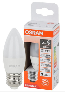 Лампа светодиодная Е27   5Вт 4000К 470Лм свеча Osram