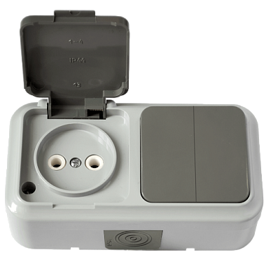 Выключатель двухклавишный + розетка брызгозащищенный открытой установки Пралеска ( Аква) "БелТИЗ"