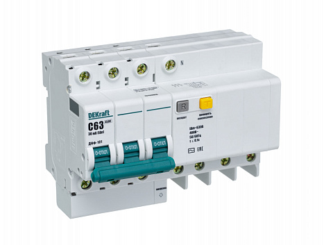 Диф. автомат 3P+N 63А  30мА тип АC х-ка C 4,5кА ДИФ-101 DEKraft