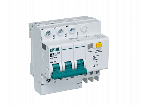 Диф. автомат 3P 25А  30мА тип АC х-ка C 4,5кА ДИФ-101 DEKraft