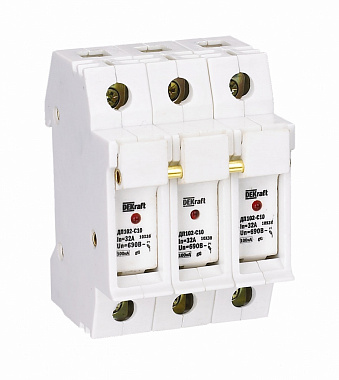 Держатель предохранителя 3P для ПВЦ 10x38 (с индик.) ДП-102-C10-3P DEKraft