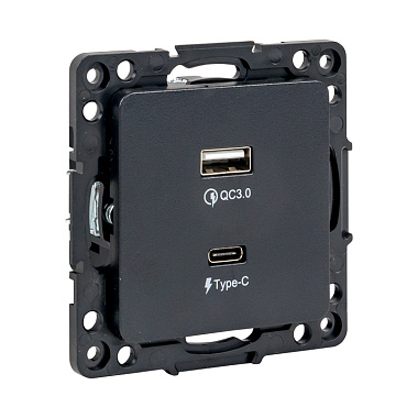 Розетка 1 СП USB A+тип-С механизм EKF Стокгольм черный