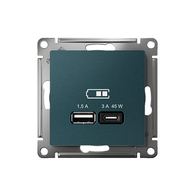 Розетка 1 СП USB A+тип-С 45W высокоскор.заряд QC,PD механизм SE AtlasDesign изумруд