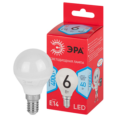 Лампа светодиодная Е14  6Вт 4000К 220В шар нейтр. белый свет ЭРА RED LINE ECO Б0052443