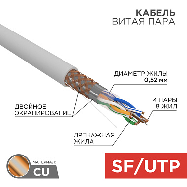 SF/UTP Кабель витая пара CAT5e PVC 4PR 24AWG Indoor SOLID серый (бухта - 305м) Rexant