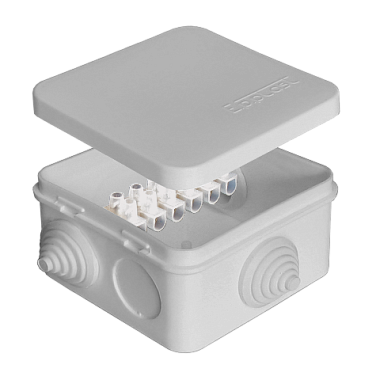 Коробка расп. ОП  75х75х45мм IP54 6 вводов (3 гермоввода; колодка 10А) серый E.p.plast