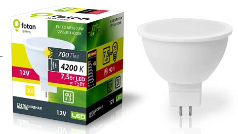 Лампа светодиодная GU5.3 7.5Вт 4200К 12В MR16 700lm 56xD50мм Foton Lighting