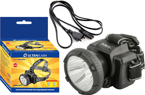 Фонарь налобный аккум. Ultraflash 220В, черн., 5 LED, 2 реж., пласт., бокс