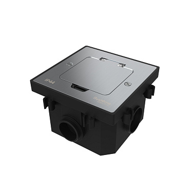 Лючок с розеткой 2К+З, 16А/250В, IP44 с монтажной коробкой для бетонных полов серебро, тип MDK21 SE MultiDesk