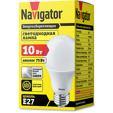 Лампа светодиодная Е27  10Вт 4000К 176-264В груша Navigator 94 388