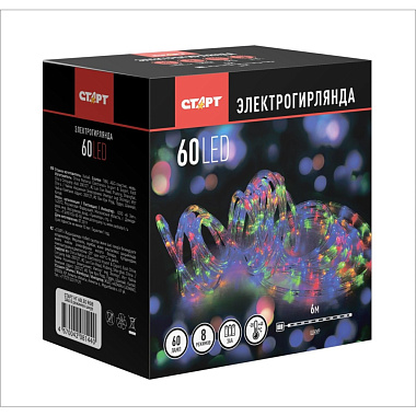 Гирлянда светодиодная СТАРТ НГ 6 м 60 LED бат. 3АА 8 реж. свечения RGB