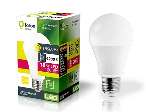 Лампа светодиодная Е27  18Вт 4200К 220-240В A60 1650lm d60*120мм Foton Lighting