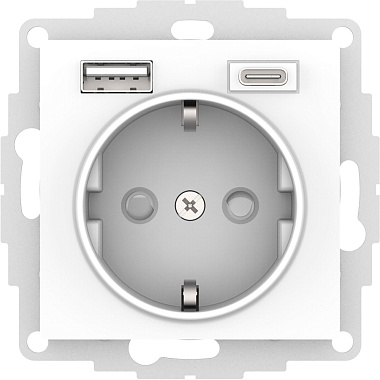 Розетка с заземлением 1 СП 16А с з/шт с 2 USB A+C 5В/2,4А/3,0А 2х5В/1,5А механизм SE AtlasDesign белый