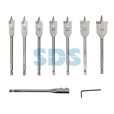 Набор сверл перовых по дереву 9 предметов: 14-16-18-20-22-25-30х152 мм, удлинитель, ключ угловой Rexant