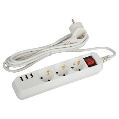 Удлинитель 3* 3 м с з/к + 3 USBA с выкл. 10А ЭРА Б0052901