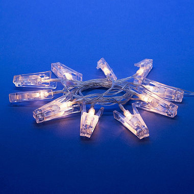 Гирлянда светодиодная на батарейках 2AA не в-к. Прищепки. 2м. 10 светодиодов Теплый белый свет Провод прозрачный ULD-S0200 TM Uniel