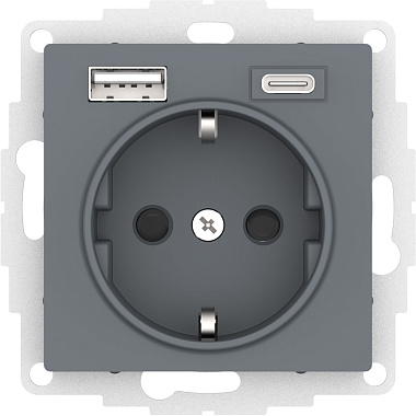 Евророзетка 1 СП 16А с з/шт с 2 USB A+C 5В/2,4А/3,0А 2х5В/1,5А механизм SE AtlasDesign грифель