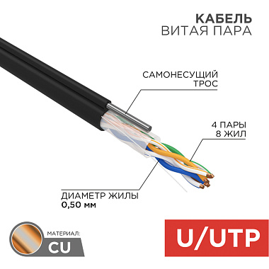 U/UTP Кабель витая пара CAT5e PE 4PR 24AWG Outdoor SOLID черный с тросом (бухта - 305м) Rexant