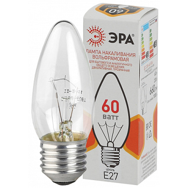 Лампа накаливания Е27 60Вт 230В свеча прозр. цвет. упаковка B36 ЭРА Б0039130