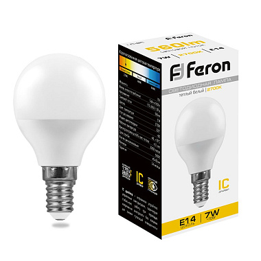Лампа светодиодная Е14  7Вт 2700К 230В шарик LB-95 Feron